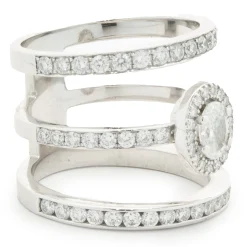 14 Karat White Gold Diamond Three Row Ring with Oval Centerpiece