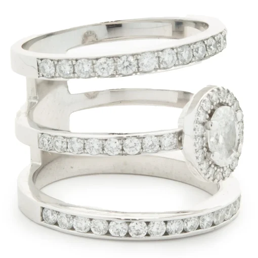 14 Karat White Gold Diamond Three Row Ring with Oval Centerpiece