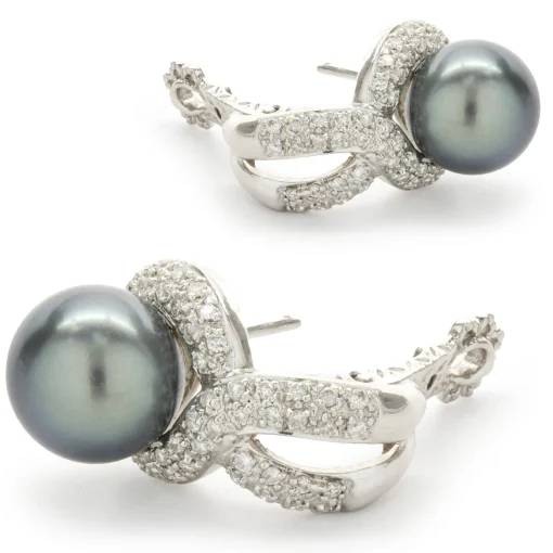 14 Karat White Gold Diamond and Tahitian Pearl Drop Earrings