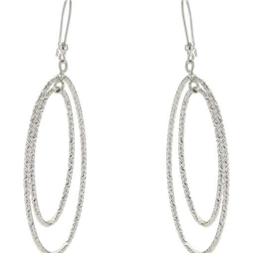 14 Karat White Gold Diamond Cut Double Oval Drop Earrings