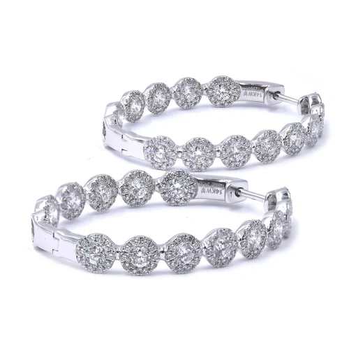 14 Karat White Gold Diamond Inside Outside Oval Hoop Earrings