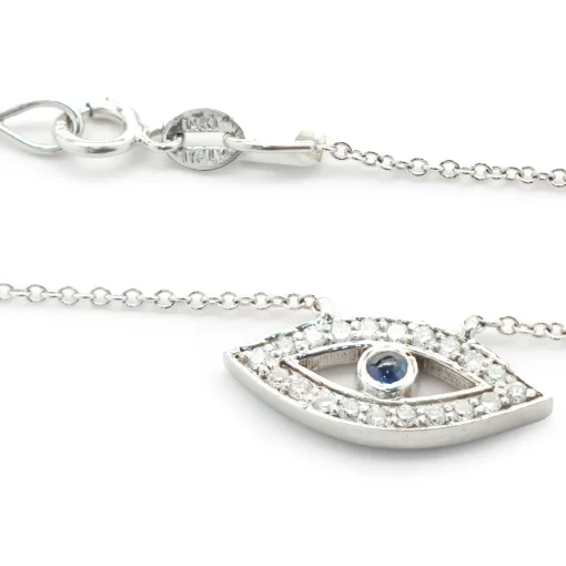 14 Karat White Gold Diamond and Sapphire Evil Eye Necklace
