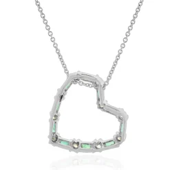18 Karat White Gold Diamond and Emerald Open Heart Necklace