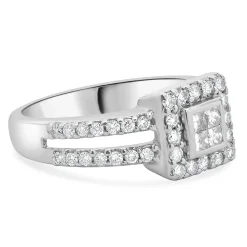 14 Karat White Gold Diamond Square Halo Split Shank Engagement Ring