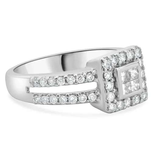 14 Karat White Gold Diamond Square Halo Split Shank Engagement Ring