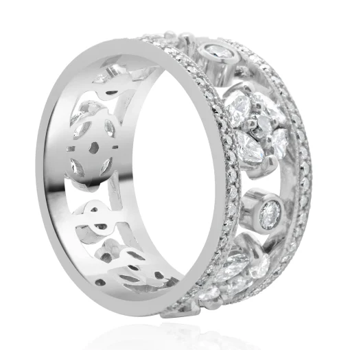 14 Karat White Gold Diamond Floral Station Cigar Band