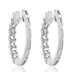 14 Karat White Gold Diamond Oval Hoop Earrings with Mico Pave Diamond Sides