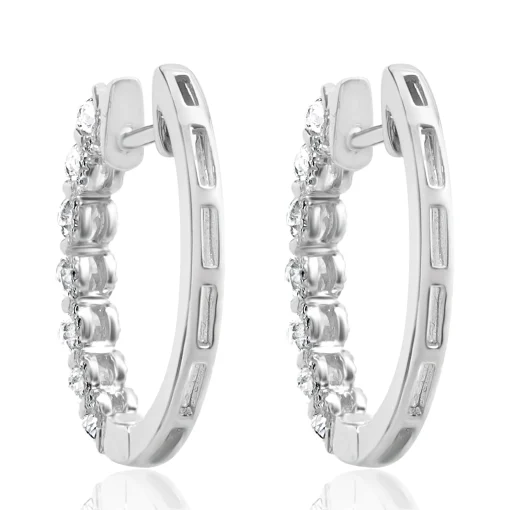 14 Karat White Gold Diamond Oval Hoop Earrings with Mico Pave Diamond Sides