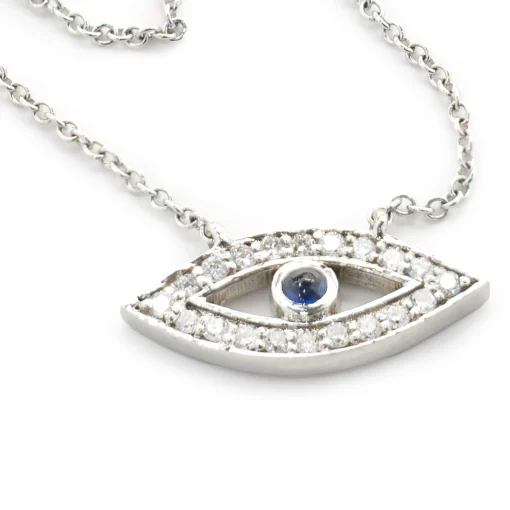 14 Karat White Gold Diamond and Sapphire Evil Eye Necklace