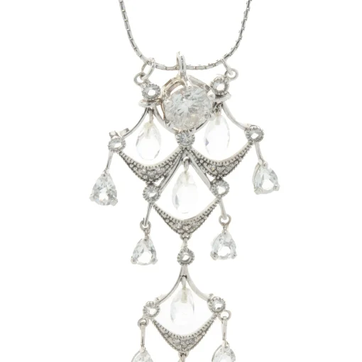 14 Karat White Gold Diamond, White Sapphire, and Pearl Vintage Chandelier Necklace