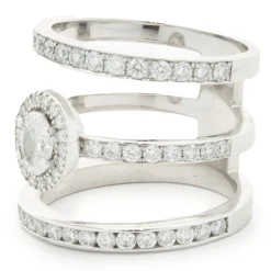 14 Karat White Gold Diamond Three Row Ring with Oval Centerpiece