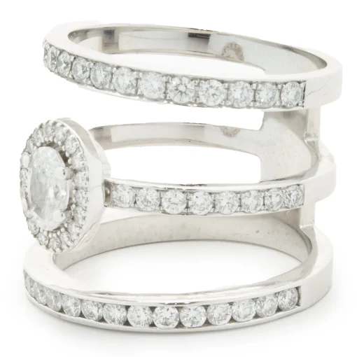 14 Karat White Gold Diamond Three Row Ring with Oval Centerpiece