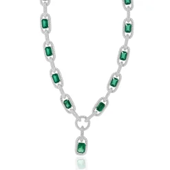 14 Karat White Gold Emerald and Diamond Oval Link Necklace