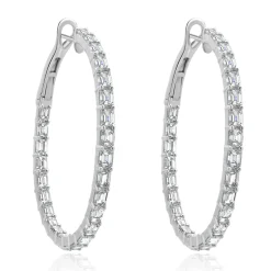 18 Karat White Gold Emerald Cut Diamond Hoop Earrings