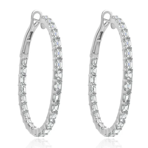 18 Karat White Gold Emerald Cut Diamond Hoop Earrings