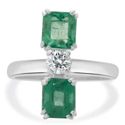 18 Karat White Gold Emerald and Diamond Three Stone Stack Ring
