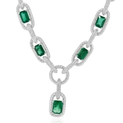 14 Karat White Gold Emerald and Diamond Oval Link Necklace