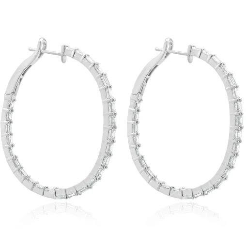 18 Karat White Gold Emerald Cut Diamond Hoop Earrings