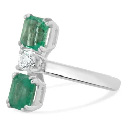 18 Karat White Gold Emerald and Diamond Three Stone Stack Ring