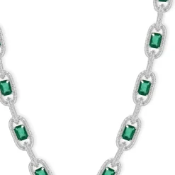 14 Karat White Gold Emerald and Diamond Oval Link Necklace