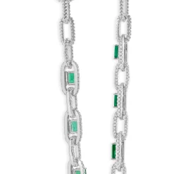 14 Karat White Gold Emerald and Diamond Oval Link Necklace