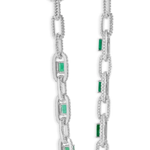 14 Karat White Gold Emerald and Diamond Oval Link Necklace