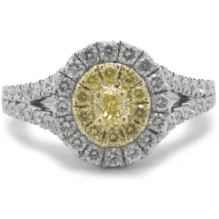 18 Karat White Gold Fancy Yellow and White Diamond Cluster Engagement Ring