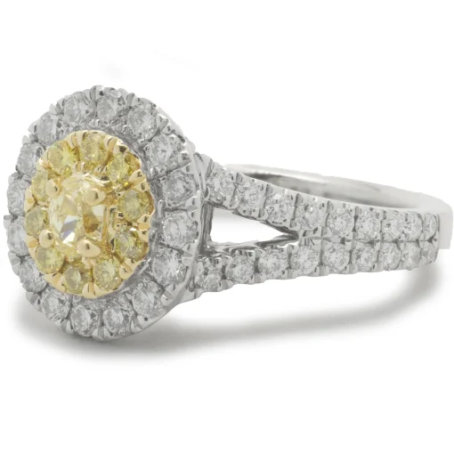 18 Karat White Gold Fancy Yellow and White Diamond Cluster Engagement Ring