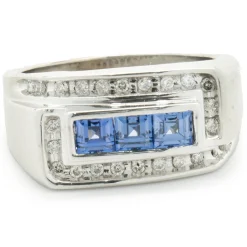 10 Karat White Gold Gents Sapphire and Diamond Signet Style Ring