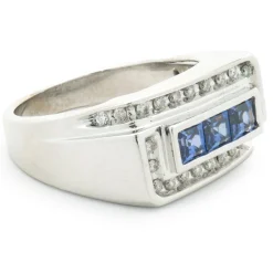 10 Karat White Gold Gents Sapphire and Diamond Signet Style Ring
