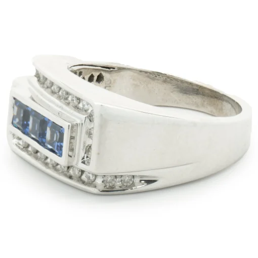 10 Karat White Gold Gents Sapphire and Diamond Signet Style Ring