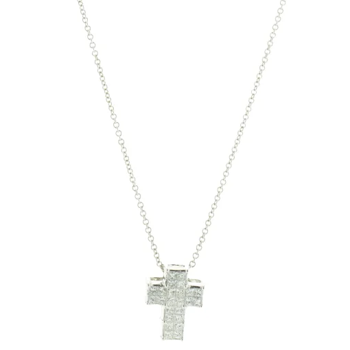 18 Karat White Gold Invisible Set Diamond Cross Necklace