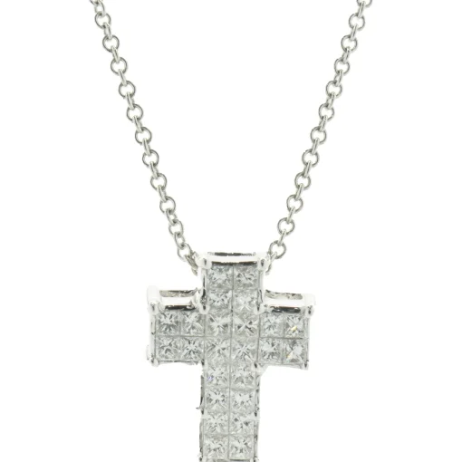 18 Karat White Gold Invisible Set Diamond Cross Necklace