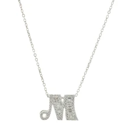 14 Karat White Gold Mosaic Set Diamond M Necklace