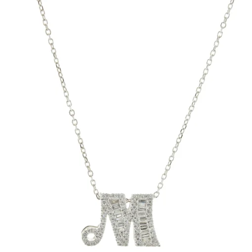 14 Karat White Gold Mosaic Set Diamond M Necklace