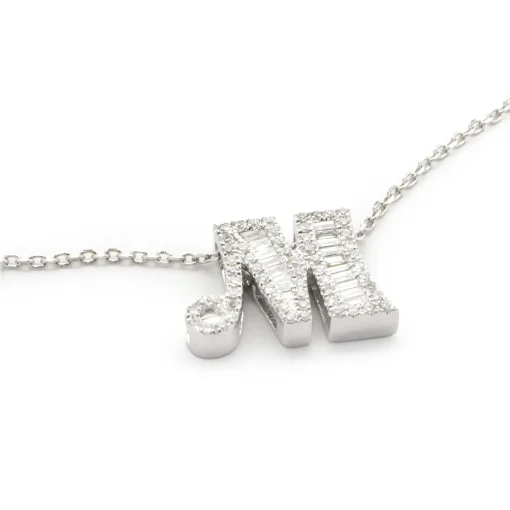 14 Karat White Gold Mosaic Set Diamond M Necklace