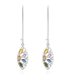 18 Karat White Gold Multi Colored Sapphire and Diamond Cutout Leaf Drop Earrings