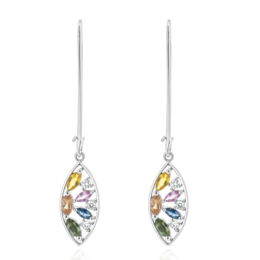 18 Karat White Gold Multi Colored Sapphire and Diamond Cutout Leaf Drop Earrings