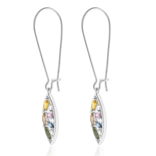 18 Karat White Gold Multi Colored Sapphire and Diamond Cutout Leaf Drop Earrings