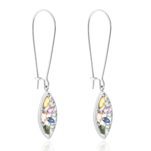 18 Karat White Gold Multi Colored Sapphire and Diamond Cutout Leaf Drop Earrings