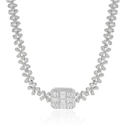 18 Karat White Gold Multi Shape Diamond Floral Necklace with Mosaic Centerpiece
