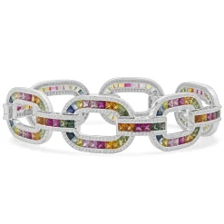 14 Karat White Gold Multi-Colored Sapphire and Diamond Oval Link Bracelet