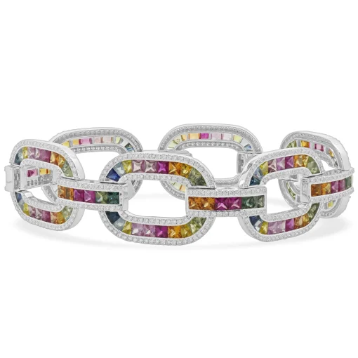 14 Karat White Gold Multi-Colored Sapphire and Diamond Oval Link Bracelet