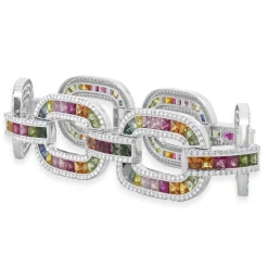 14 Karat White Gold Multi-Colored Sapphire and Diamond Oval Link Bracelet