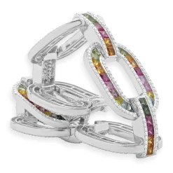 14 Karat White Gold Multi-Colored Sapphire and Diamond Oval Link Bracelet