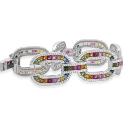 14 Karat White Gold Multi-Colored Sapphire and Diamond Oval Link Bracelet