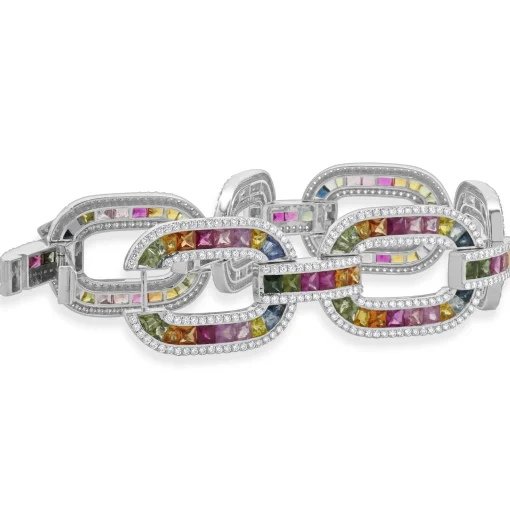 14 Karat White Gold Multi-Colored Sapphire and Diamond Oval Link Bracelet