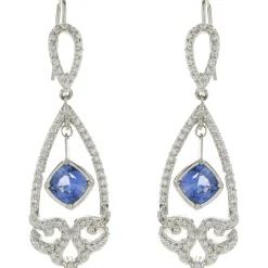 14 Karat White Gold NO HEAT Sapphire and Diamond Drop Earrings