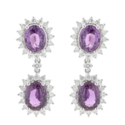 18 Karat White Gold No Heat Purple Sapphire and Diamond Halo Drop Earrings