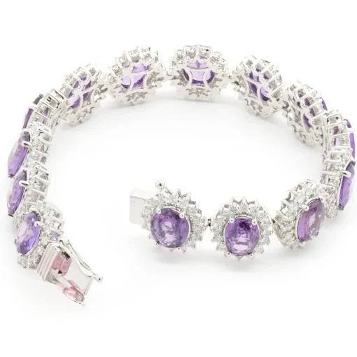 18 Karat White Gold No Heat Purple Sapphire and Diamond Halo Inline Bracelet